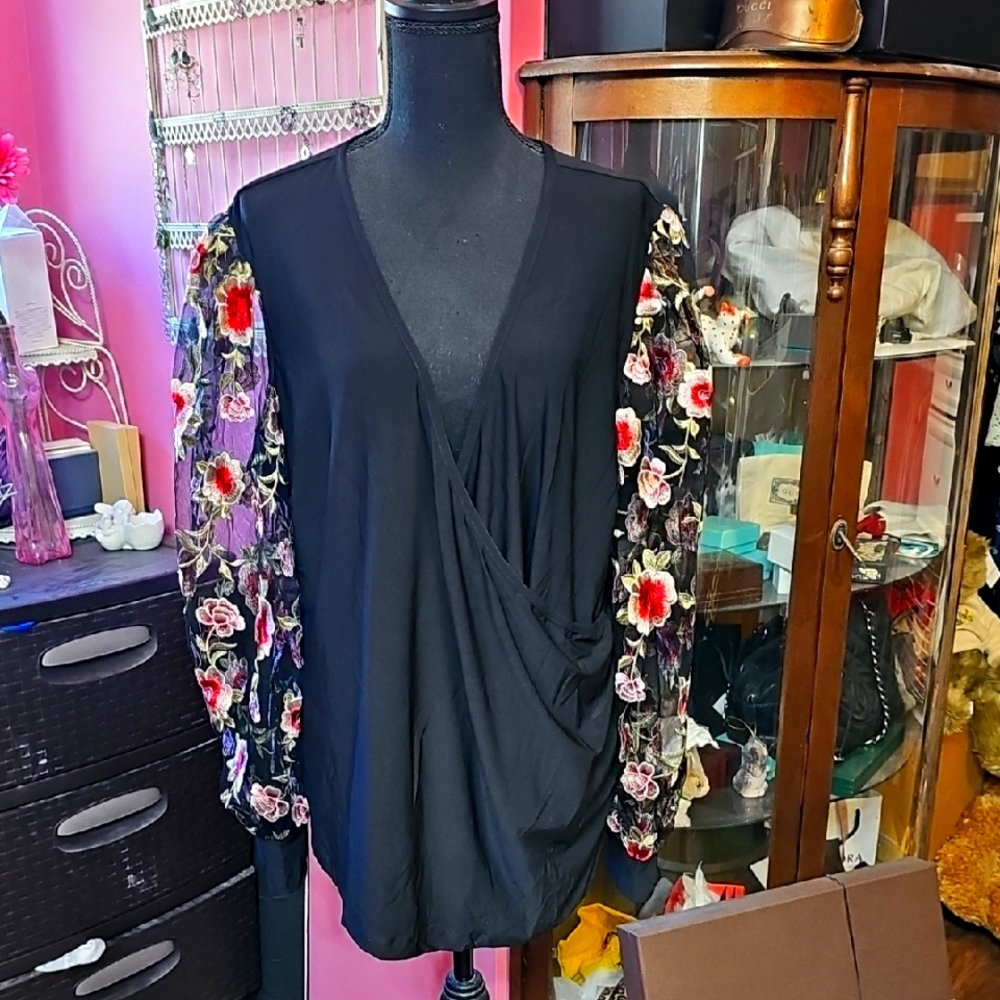 Floral Sleeve Black Top